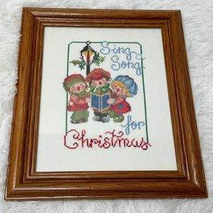 Vintage Holiday Sing A Song For Christmas Embroidered Cross Stitch Framed Decor